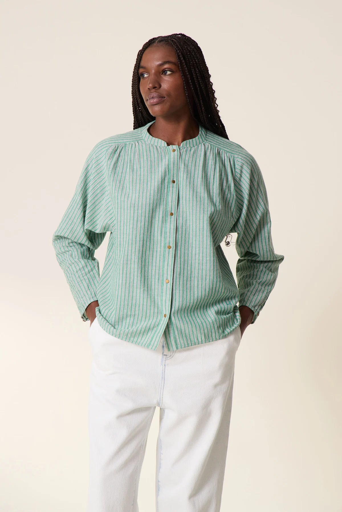 Leon & Harper Caith Stripe Organic Cotton Shirt, Green