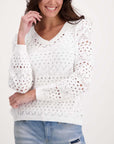 Monari V Neck Lace Cotton Sweater - White