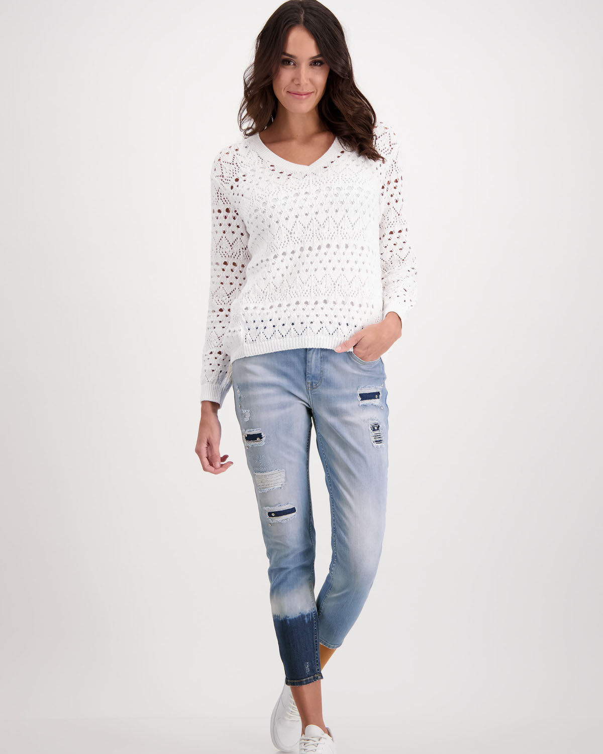Monari V Neck Lace Cotton Sweater - White