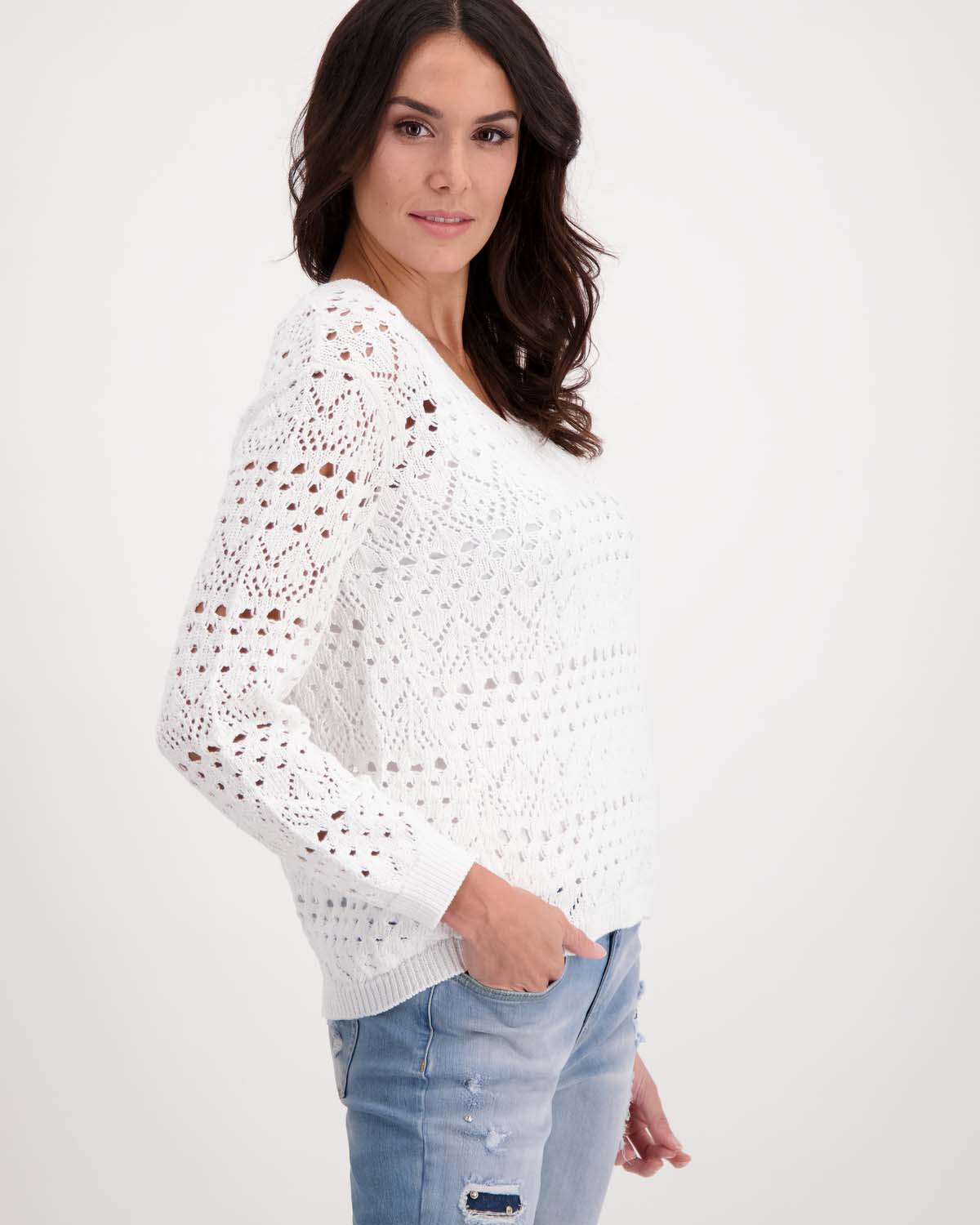 Monari V Neck Lace Cotton Sweater - White