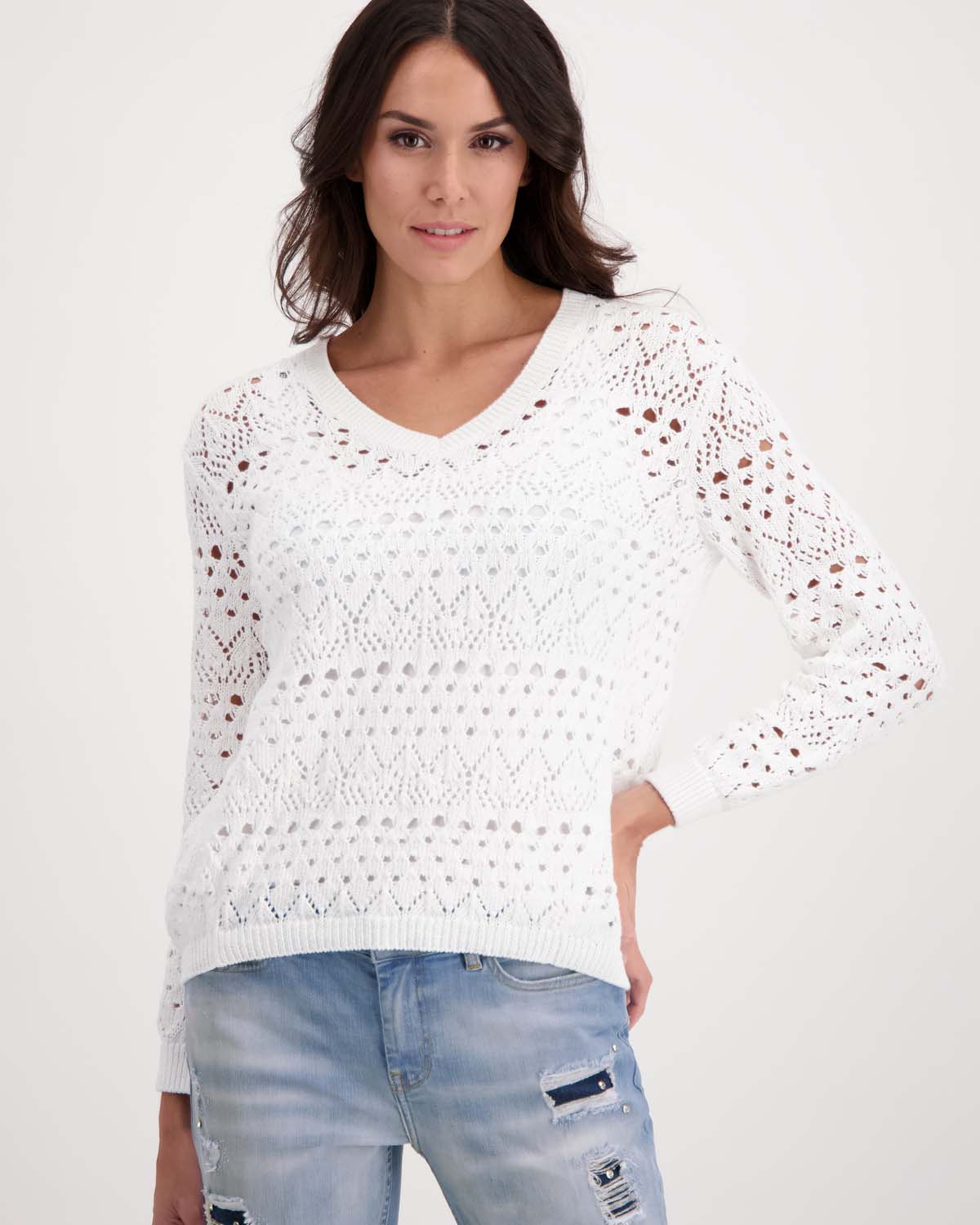 Monari V Neck Lace Cotton Sweater - White