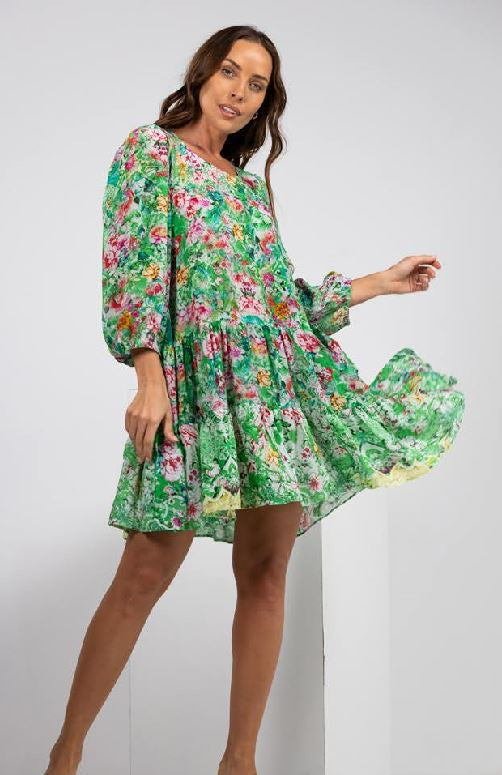 INOA Silk Ruffled Layer Dress - Versailles Gardenia Green